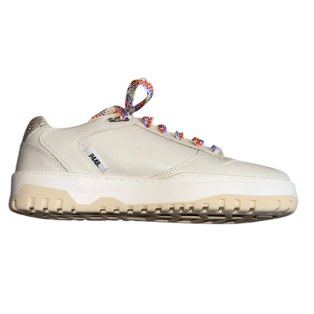 P448 Sneakers Beige Tan Lace Up‎ Platform Sneakers with Gold Glitter Size 8 39